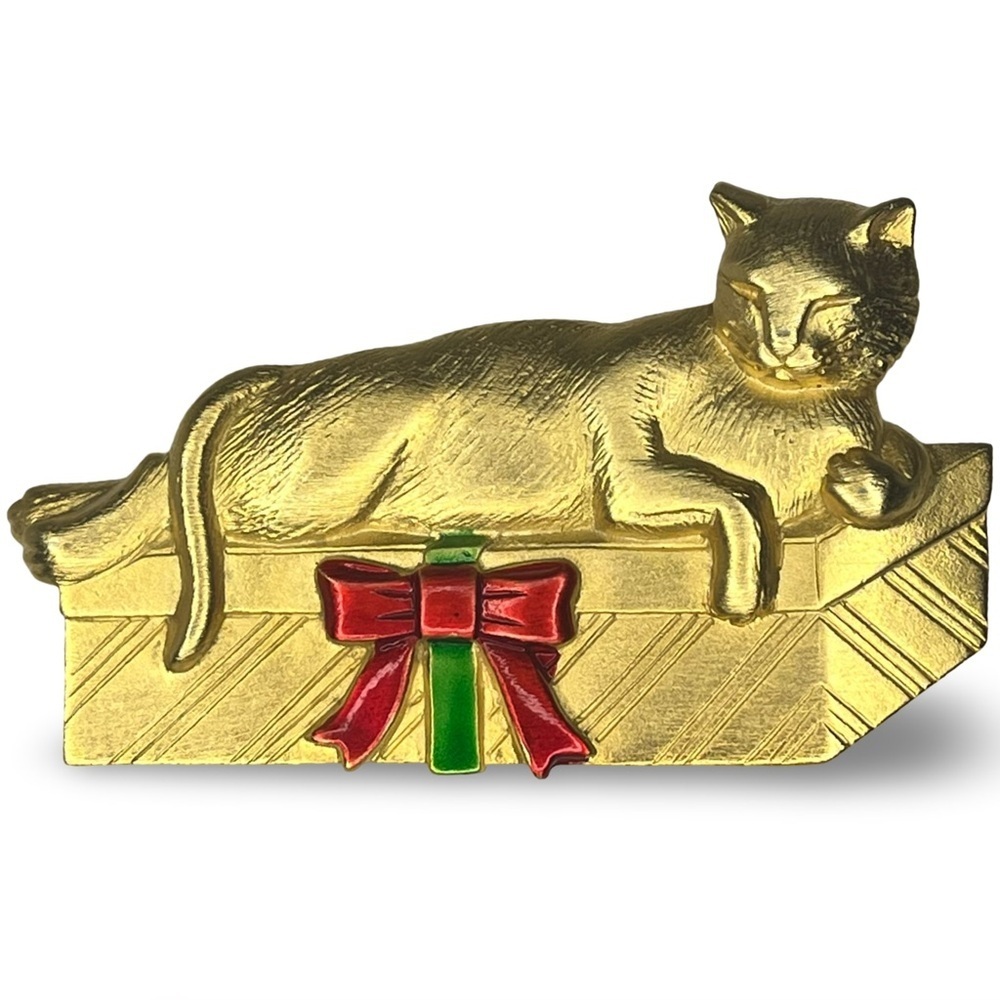 Vintage JJ Gold Cat with Red and Green Present Brooch